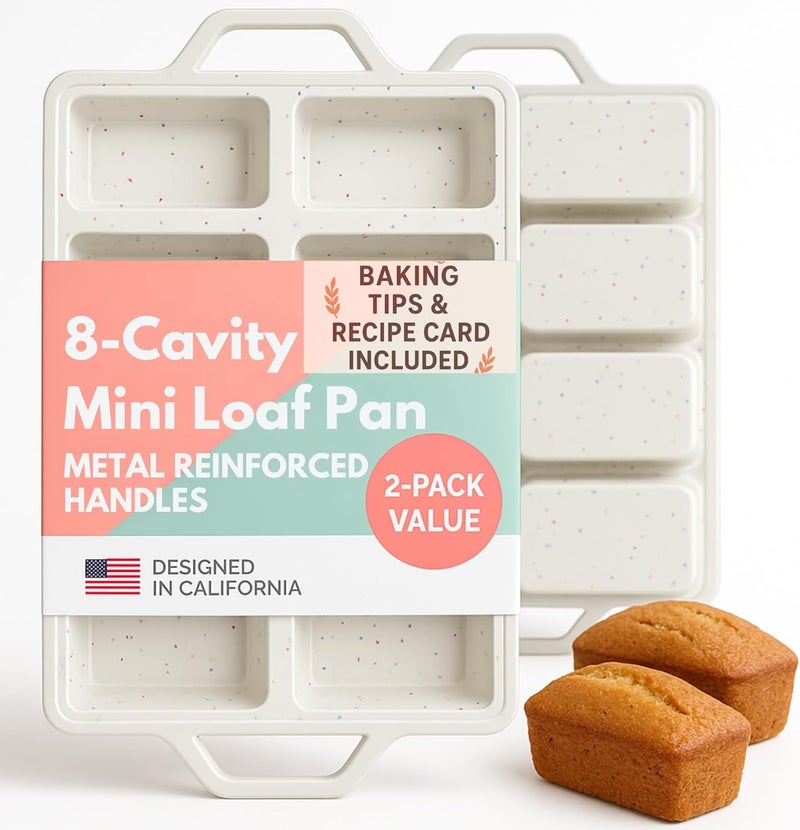 BAKE BOSS 2-Pack Silicone Mini Loaf Pans for Baking Bread – 8-Cavity Nonstick Baking Molds with Metal-Reinforced Handles – BPA-Free, Odor-Resistant Silicone mini bread loaf pans for Cakes & Meatloaf – Cream - Image 1